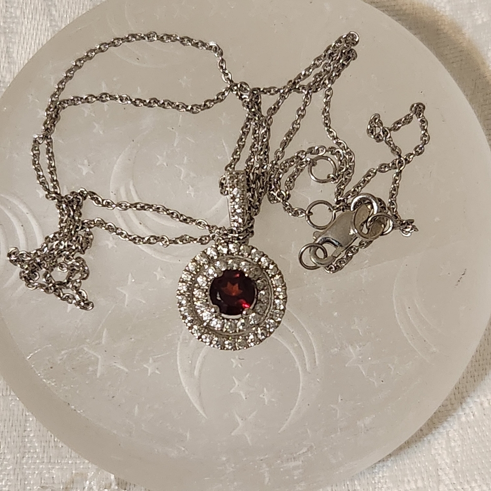 Woman's 925 Halo Red Garnet & Zircon Stone Pendant